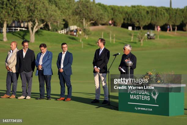 General view as David Williams, Chairman of the DP World Tour, presents during the prize giving ceremony during Day Four of the Portugal Masters at...