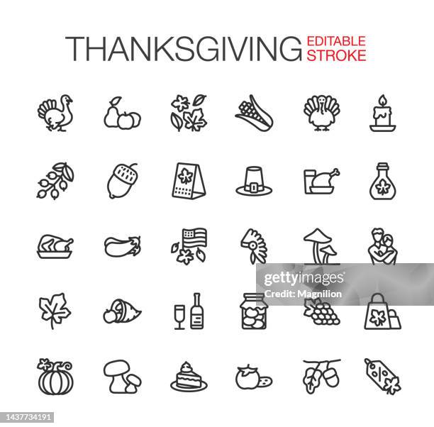 ilustrações, clipart, desenhos animados e ícones de ícones da linha do dia de ação de graças definem o curso editável. - harvest icon