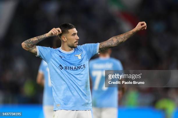 Mattia Zaccagni of Lazio celebrates after scoring their team's first goal during the Serie A match between SS Lazio and Salernitana at Stadio...