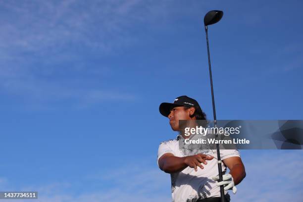 Gavin Green of Malaysia tees off on the 18th holeduring Day Four of the Portugal Masters at Dom Pedro Victoria Golf Course on October 30, 2022 in...