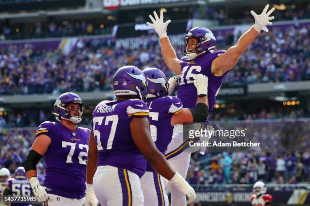 Johnny Mundt of the Minnesota Vikings celebrates a touchdown during the second quarter against the Arizona Cardinals at U.S. Bank Stadium on October...