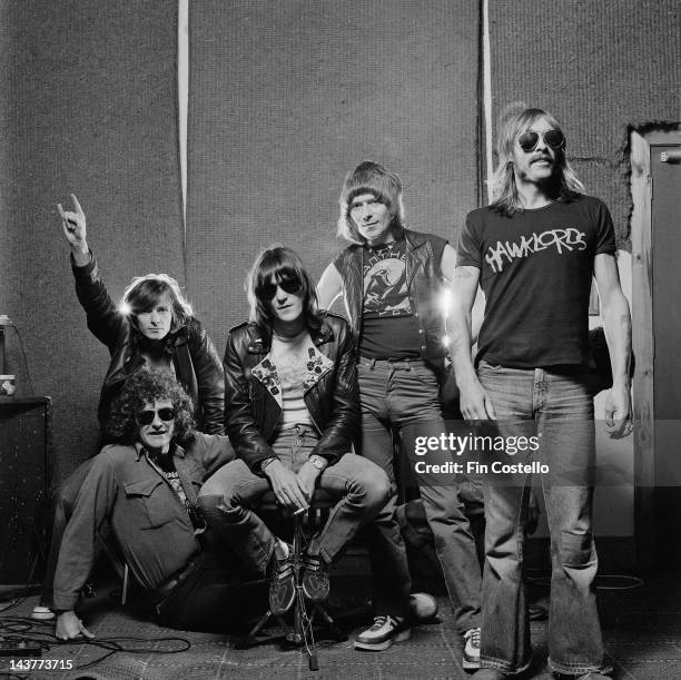 1st JUNE: Hawkwind posed at Rockfield Studios in Monmouth, Wales in June 1980. Left to right: Tim Blake Harvey Bainbridge, Simon King, Huw...