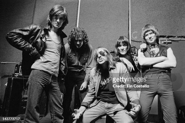 1st JUNE: Hawkwind posed at Rockfield Studios in Monmouth, Wales in June 1980. Left to right: Tim Blake, Harvey Bainbridge, Dave Brock, Simon King...