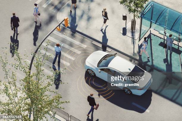 driverless car with environment sensors - car city stockfoto's en -beelden