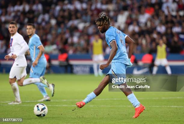 Rominigue Kouame of Troyes during the Ligue 1 match between Paris Saint-Germain and ESTAC Troyes at Parc des Princes stadium on October 29, 2022 in...