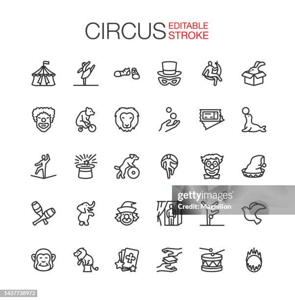 ilustraciones, imágenes clip art, dibujos animados e iconos de stock de iconos de línea de circo establecer trazo editable - malabarismo