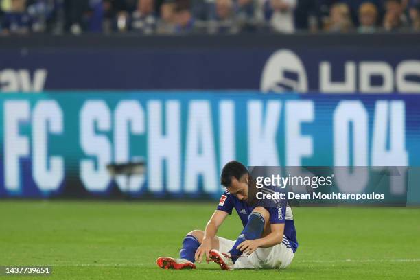 Maya Yoshida of FC Schalke 04 reacts after the Bundesliga match between FC Schalke 04 and Sport-Club Freiburg at Veltins-Arena on October 30, 2022 in...