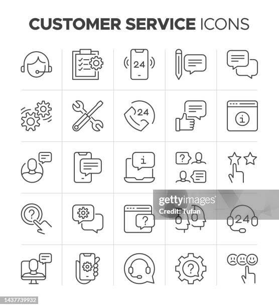 ilustraciones, imágenes clip art, dibujos animados e iconos de stock de conjunto de iconos de servicio al cliente. colección de iconos de esquema de soporte en línea. ayuda, respuesta qick y símbolo de comentarios - cariñoso