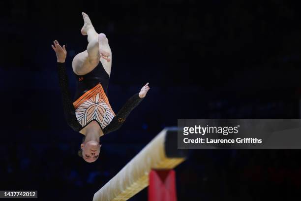 Eve De Ruiter of Team Netherlands competes on Balance Beam during Women's Qualification on Day Two of the FIG Artistic Gymnastics World Championships...
