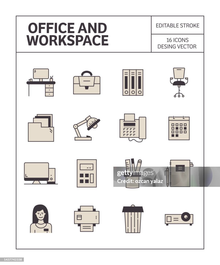 Icono de Office y espacio de trabajo Conjunto de apariencia simple y diseño colorido.