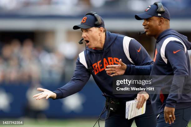 Head coach Matt Eberflus of the Chicago Bears reacts against the Dallas Cowboys during the first half at AT&T Stadium on October 30, 2022 in...