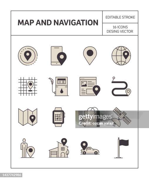 map and navigation icon set simple appearance and colorful design. - cell signaling pathway stock illustrations
