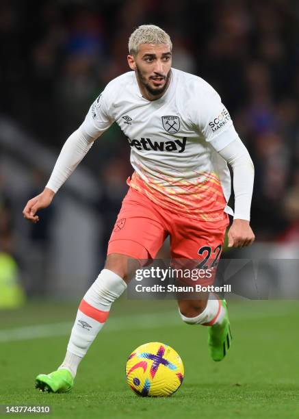 Said Benrahma of West Ham United runs with the ball during the Premier League match between Manchester United and West Ham United at Old Trafford on...