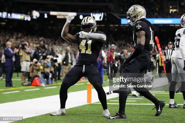 Alvin Kamara of the New Orleans Saints scores a touchdown in the third quarter of a game against the Las Vegas Raiders at Caesars Superdome on...