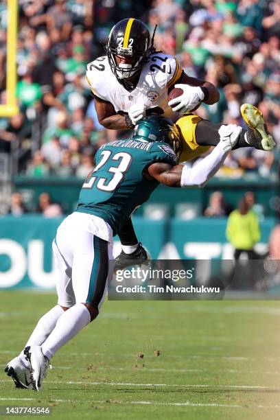 Najee Harris of the Pittsburgh Steelers looks to hurdle C.J. Gardner-Johnson of the Philadelphia Eagles in the second half at Lincoln Financial Field...