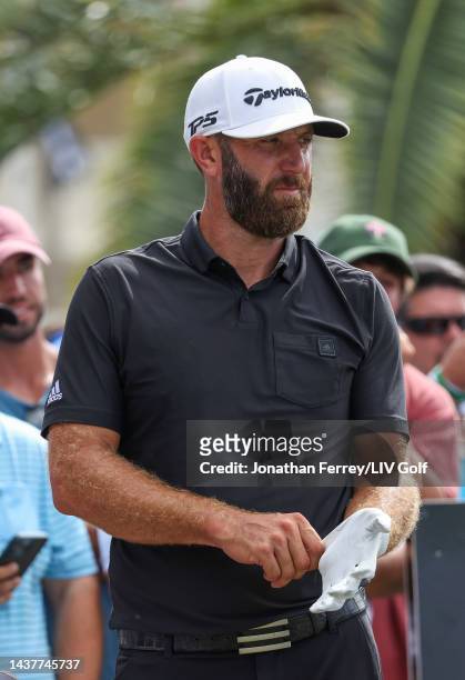 Team Captain Dustin Johnson of 4 Aces GC looks on from the tenth hole during the team championship stroke-play round of the LIV Golf Invitational -...