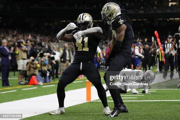 Alvin Kamara of the New Orleans Saints celebrates a touchdown in the third quarter of a game against the Las Vegas Raiders at Caesars Superdome on...