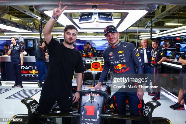 Max Verstappen of the Netherlands and Oracle Red Bull Racing and Martin Garrix meet in the garage prior to the F1 Grand Prix of Mexico at Autodromo...