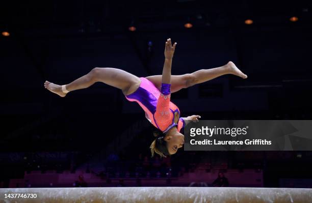 Rebeca Andrade of Brazil competes on Balance Beam during Women's Qualification on Day Two of the FIG Artistic Gymnastics World Championships at M&S...