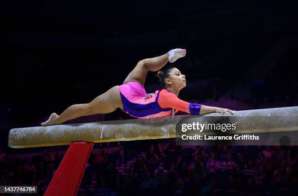Flavia Saraiva of Brazil competes on Balance Beam during Women's Qualification on Day Two of the FIG Artistic Gymnastics World Championships at M&S...