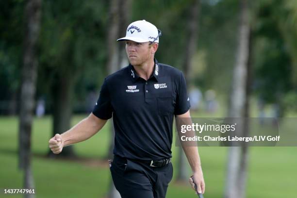 Talor Gooch of 4 Aces GC reacts after making a birdie on the 14th green during the team championship stroke-play round of the LIV Golf Invitational -...