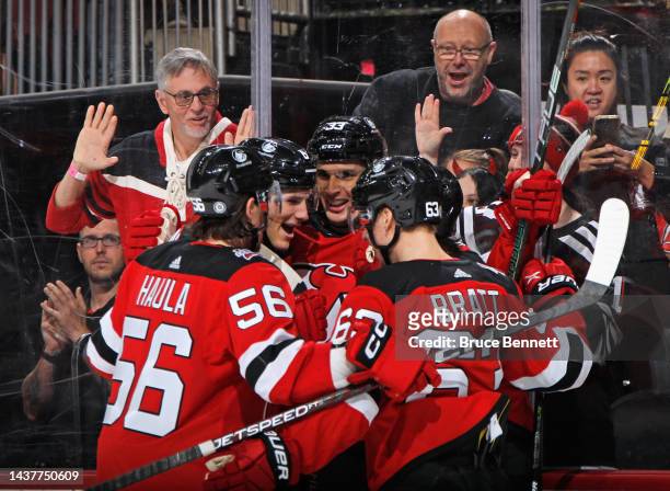 Ryan Graves of the New Jersey Devils celebrates his second period goal against the Columbus Blue Jackets at the Prudential Center on October 30, 2022...