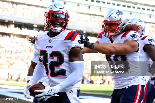 Devin McCourty of the New England Patriots celebrates an interception during the second half against the New York Jets at MetLife Stadium on October...