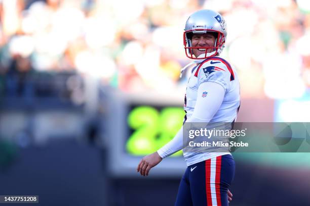 Nick Folk of the New England Patriots celebrates a field goal during the second half against the New York Jets at MetLife Stadium on October 30, 2022...