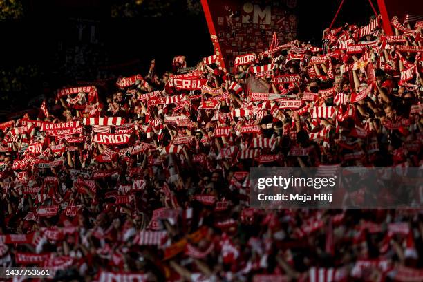 Fans of Union Berlin prior to the Bundesliga match between 1. FC Union Berlin and Borussia Mönchengladbach at Stadion an der alten Försterei on...