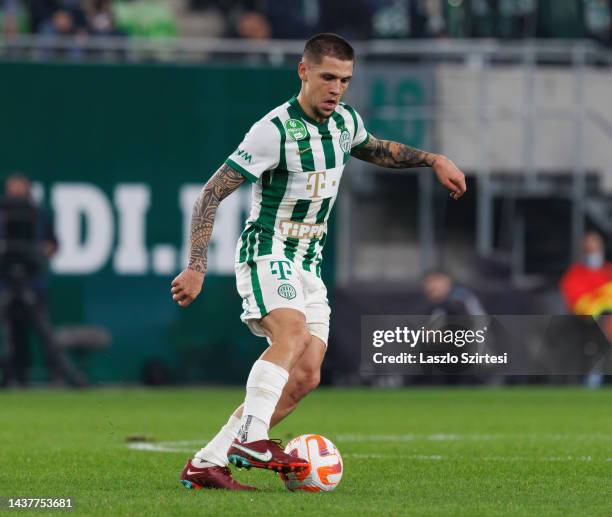 Muhamed Besic of Ferencvarosi TC controls the ball during the Hungarian OTP Bank Liga match between Ferencvarosi TC and ZTE FC at Groupama Arena on...