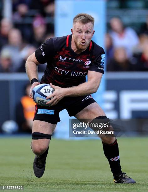 Jackson Wray of Saracens runs with the ball during the Gallagher Premiership Rugby match between Saracens and Sale Sharks at the StoneX Stadium on...