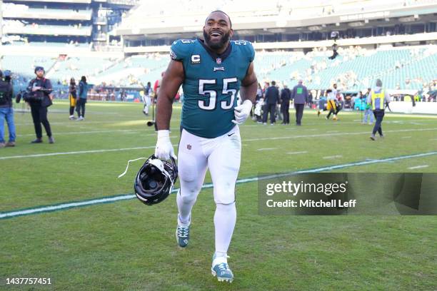 Brandon Graham of the Philadelphia Eagles looks on and smiles after a game against the Pittsburgh Steelers at Lincoln Financial Field on October 30,...