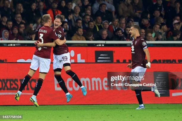 Aleksey Miranchuk of Torino FC celebrates with Perr Schuurs after scoring the his team's second goal during the Serie A match between Torino FC and...