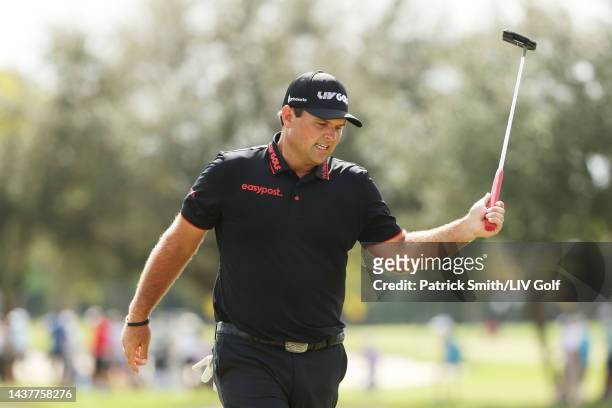 Patrick Reed of 4 Aces GC reacts to a missed putt on the tenth green during the team championship stroke-play round of the LIV Golf Invitational -...