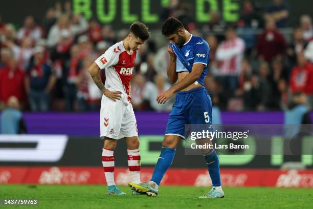 Ozan Kabak of TSG Hoffenheim leaves the pitch after receiving a red card during the Bundesliga match between 1. FC Koeln and TSG Hoffenheim at...