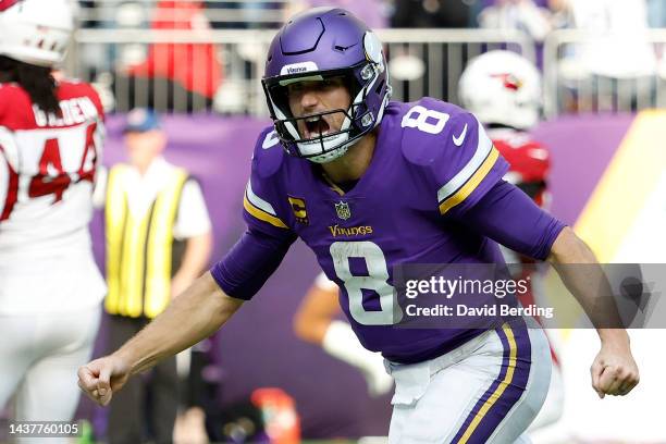 Kirk Cousins of the Minnesota Vikings celebrates a touchdown during the second half against the Arizona Cardinals at U.S. Bank Stadium on October 30,...