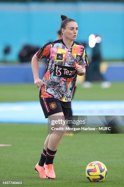 Jade Moore of Manchester United Women is seen warming up prior to the FA Women's Super League match between Everton FC and Manchester United at...