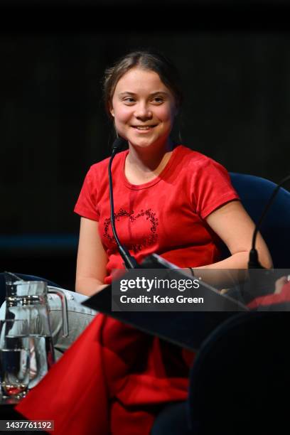 Greta Thunberg speaks on stage during the global launch of "The Climate Book" at The Royal Festival Hall on October 30, 2022 in London, England.