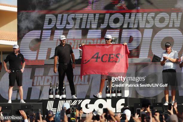 Second place individual player Branden Grace of Stinger GC, Champion Team Captain Dustin Johnson of 4 Aces GC, caddie Austin Johnson and third place...