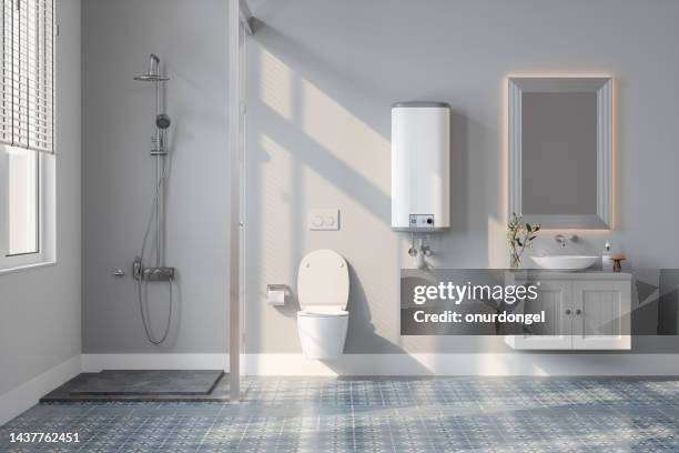 modern bathroom interior with water heater, shower, toilet and mirror - bathroom white design stock pictures, royalty-free photos & images