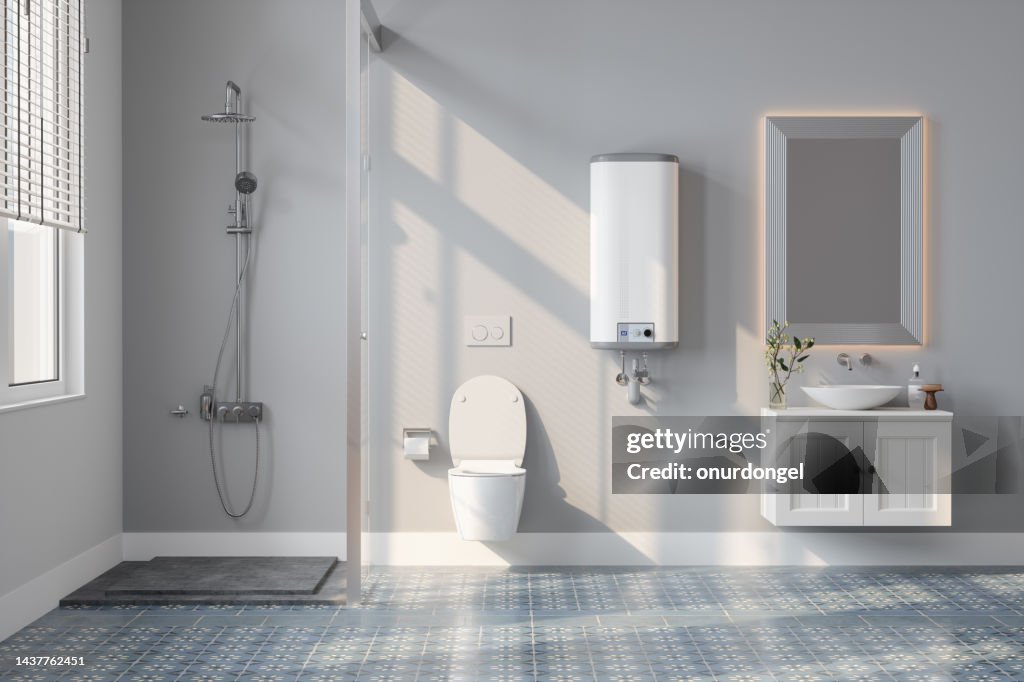 Interior moderno do banheiro com aquecedor de água, chuveiro, banheiro e espelho