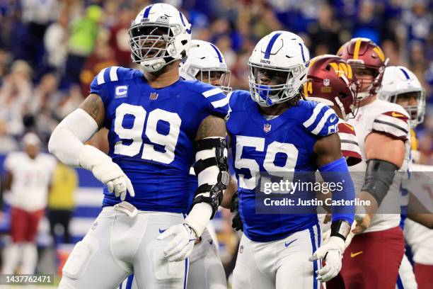 DeForest Buckner of the Indianapolis Colts reacts in the first half of a game against the Washington Commanders at Lucas Oil Stadium on October 30,...