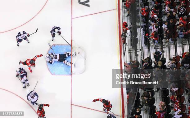 Miles Wood of the New Jersey Devils celebrates a Devils goal during the third period against Elvis Merzlikins of the Columbus Blue Jackets at the...