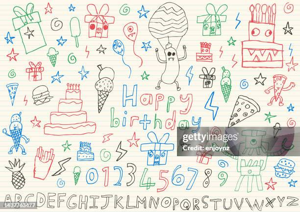 kids birthday party invite sketch doodle drawing - kids art 幅插畫檔、美工圖案、卡通及圖標