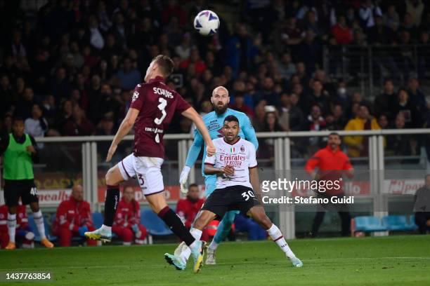 Junior Messias of AC Milan kick on goal during the Serie A match between Torino FC and AC MIlan at Stadio Olimpico di Torino on October 30, 2022 in...