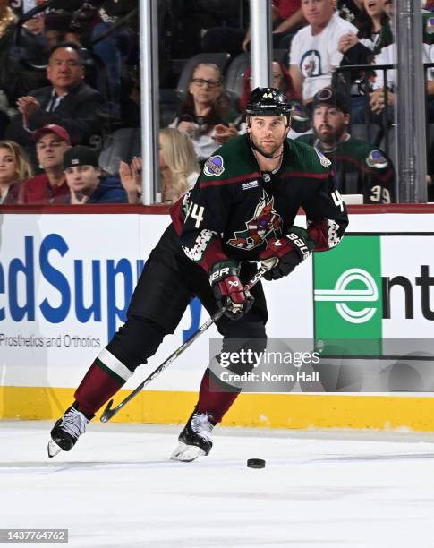 Zack Kassian of the Arizona Coyotes skates with the puck against the Winnipeg Jets at Mullett Arena on October 28, 2022 in Tempe, Arizona.