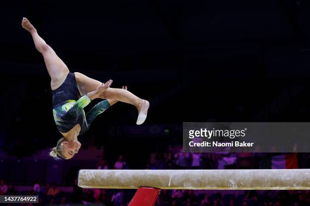 Halle Hilton of Team Ireland competes on Balance Beam during Women's Qualification on Day Two of the FIG Artistic Gymnastics World Championships at...