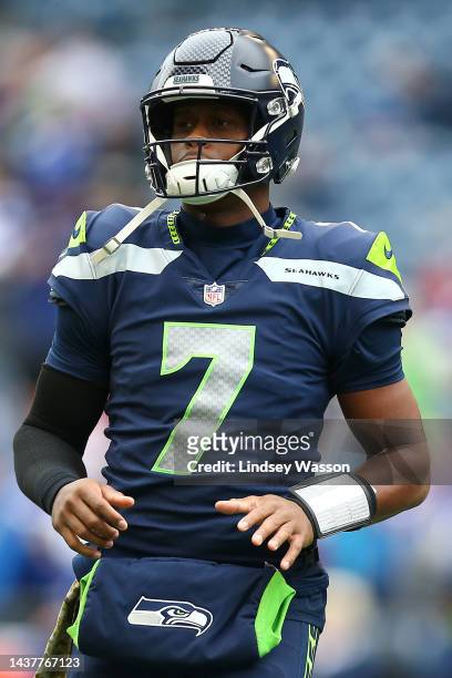 Geno Smith of the Seattle Seahawks warms up against the New York Giants at Lumen Field on October 30, 2022 in Seattle, Washington.