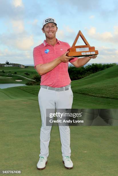 Seamus Power of Ireland holds the trophy after winning the Butterfield Bermuda Championship at Port Royal Golf Course on October 30, 2022 in...