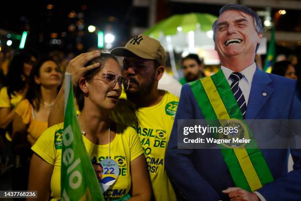 Supporters of candidate Jair Bolsonaro of Liberal Party gather during vote count in Barra de Tijuca area on presidential runoff day on October 30,...